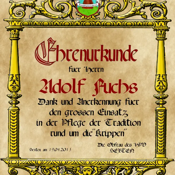 2013 Ehrenurkunde für Adolf Fuchs Gönner des HPV